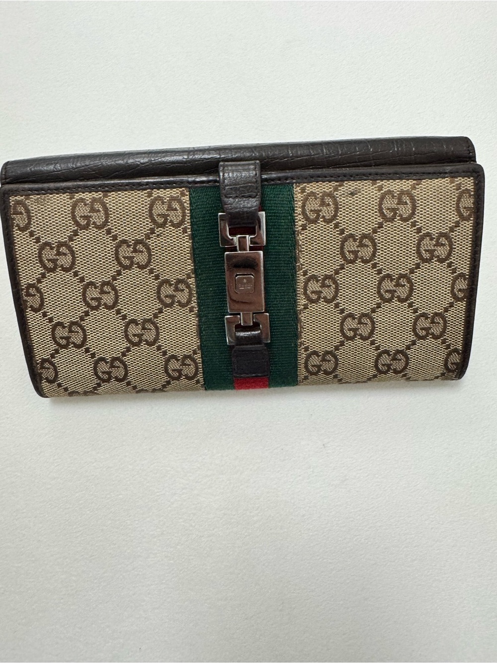 Gucci Beige Brown Monogram Wallet with Green and Red Web
